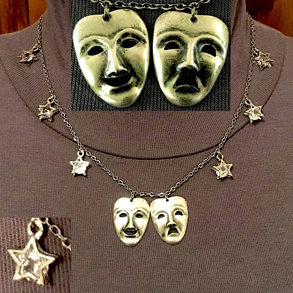 “Stage Lights" Theater Masks Rhinestone Stars Thespian Handmade Silver Necklace